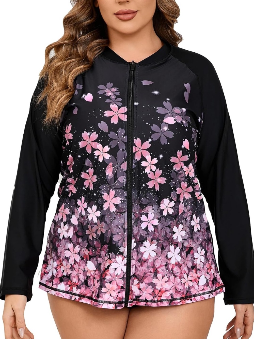 NWT Halcurt Floral Zip Long Sleeve Front Rash Guard Navy Sleeves UPF 50 Sz 1X